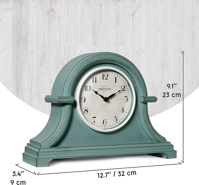 Vintage Farmhouse Table Clock Mantel 13 X 10 Inch Domed Lens Quartz Aged Teal