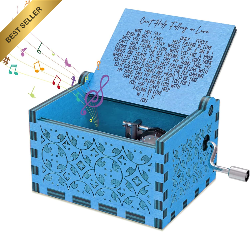 Blue Hand Crank Wood Can'T Help Falling in Love Wood Music Box Tiny Small Engrav