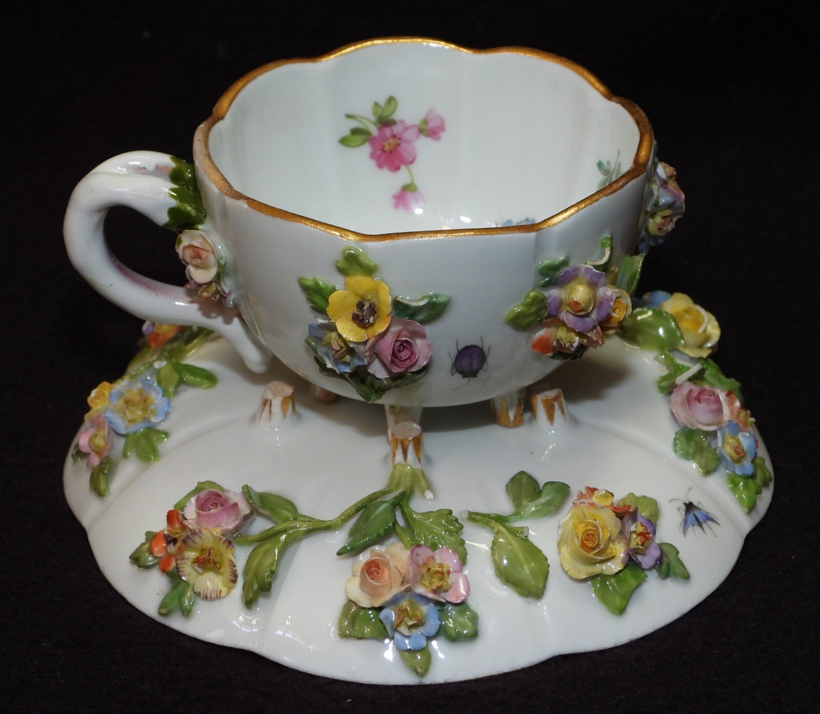 【美品】マイセン★Meissen Cross Swords★１級品 Antique 19th C Meissen Porcelain Applied 3D Flowers Cup