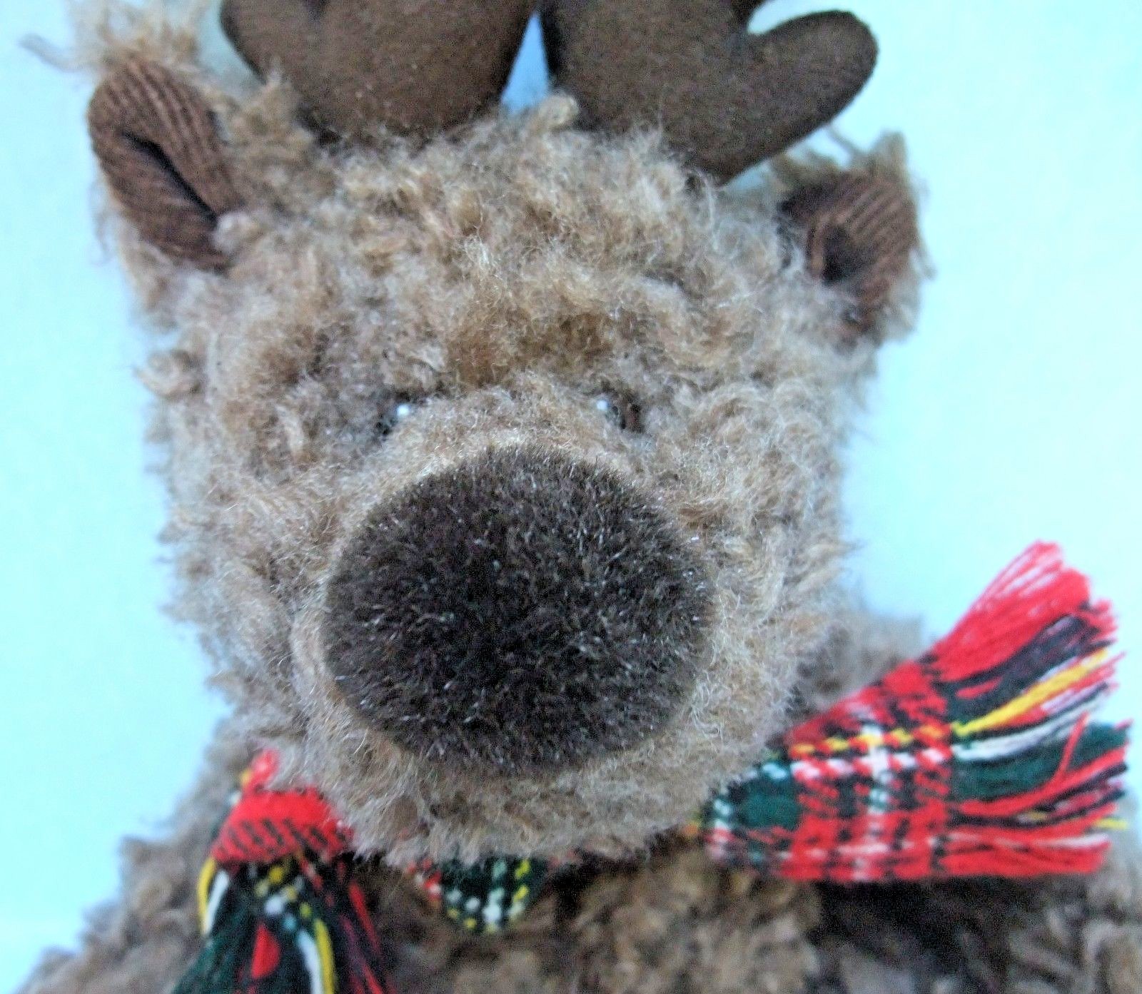 Russ Berrie Buck Brown Bear With Reindeer Antlers and Red Plaid Scarf