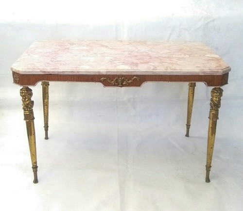 Antique French Louis XVI Style brass man legs & Mahogany Marble Top Coffee Table