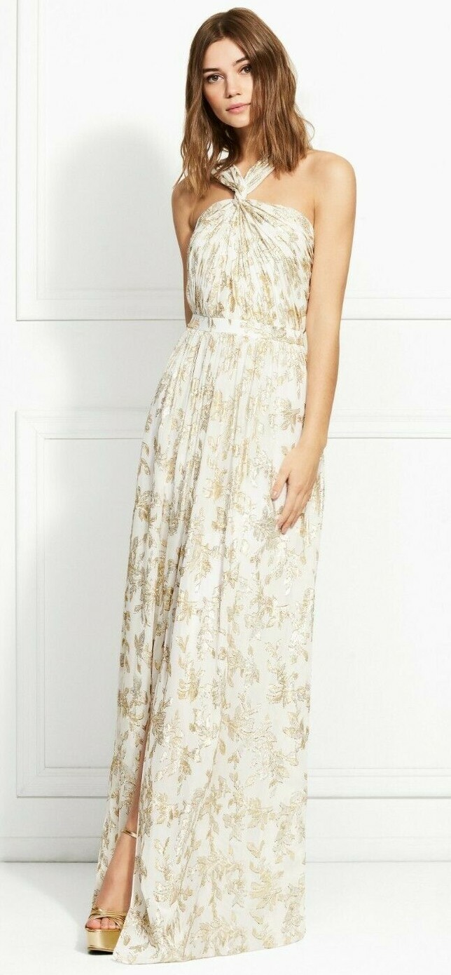 Pre-owned Rachel Zoe Bella Ecru Metallic Fil Coupe Twist Halter Dress Gown $625 12 In Multicolor