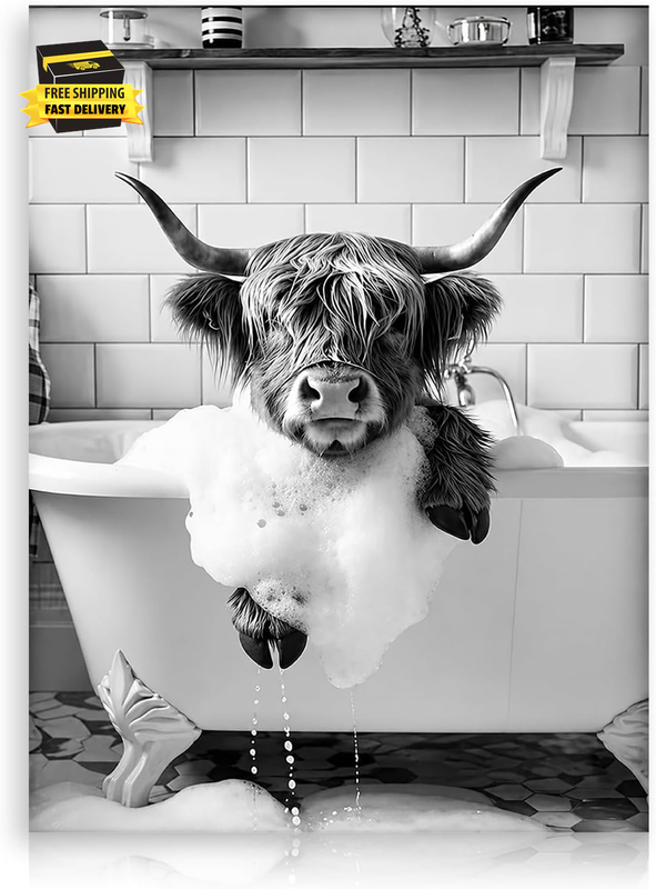 Funny Highland Cow Bathroom Canvas Wall Art 12X16 in Unframed ⭐️⭐️⭐️⭐️⭐️