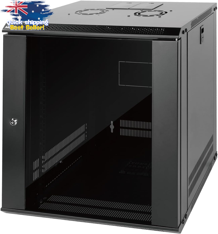 12RU Wall Mount Network Cabinet - Lockable Glass Door, 450mm Deep, Black
