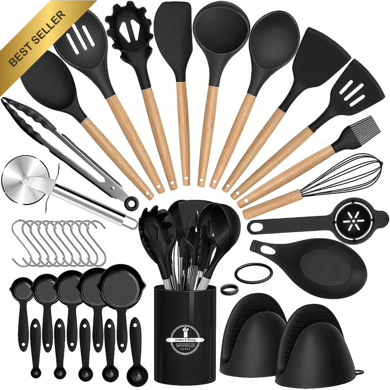 Kitchen Utensils Set, 37 PCS Silicone Cooking Utensils Set with Wooden Handle, 4