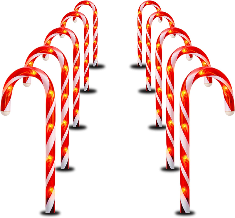 10 Sets Christmas Candy Cane Pathway Markers Stake Lights for Holiday Xmas Decor