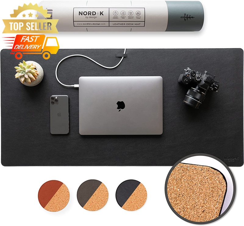 Nordik Cork Desk Mat Black 89x43cm - Non-Slip Vegan Mouse Pad & Organizer