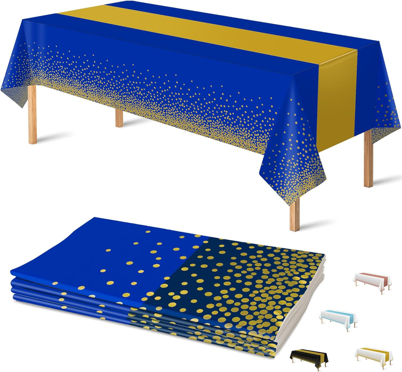 4 Pack Disposable Plastic Table Cloths for Parties,Royal Blue and Gold Rectangle