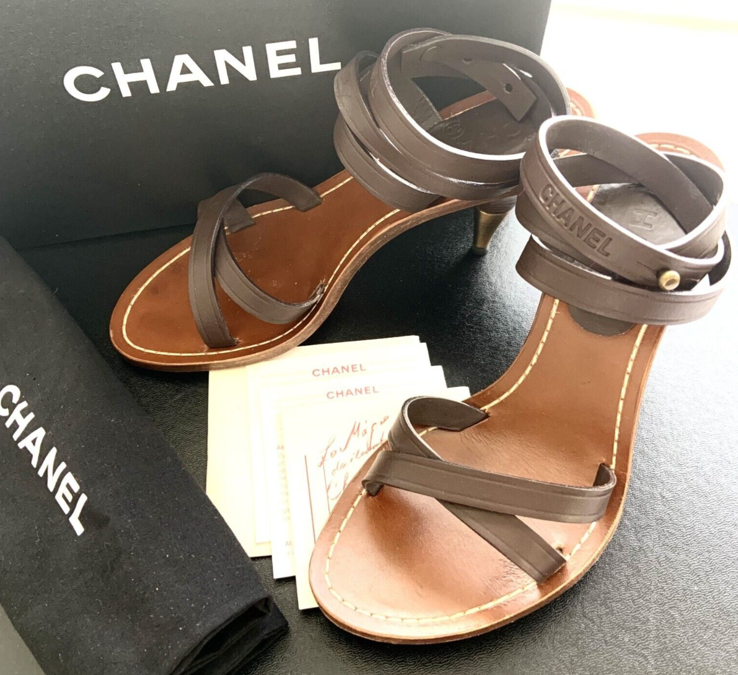 CHANEL BROWN LEATHER ANKLE WRAP SANDALS HEELS MULES 35.5 | eBay