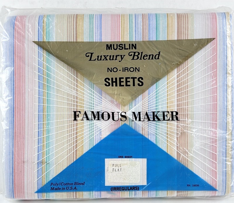 NIP vintage 70s FAMOUS MAKER STRIPED FLAT SHEET muslin luxury blend 80s USA NOS