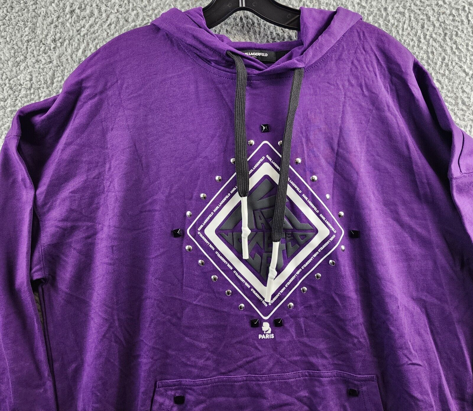 Karl Lagerfeld Paris Studded Diamond-Shaped Logo Hoodie Men's L Purple Pullover - Picture 3 of 15