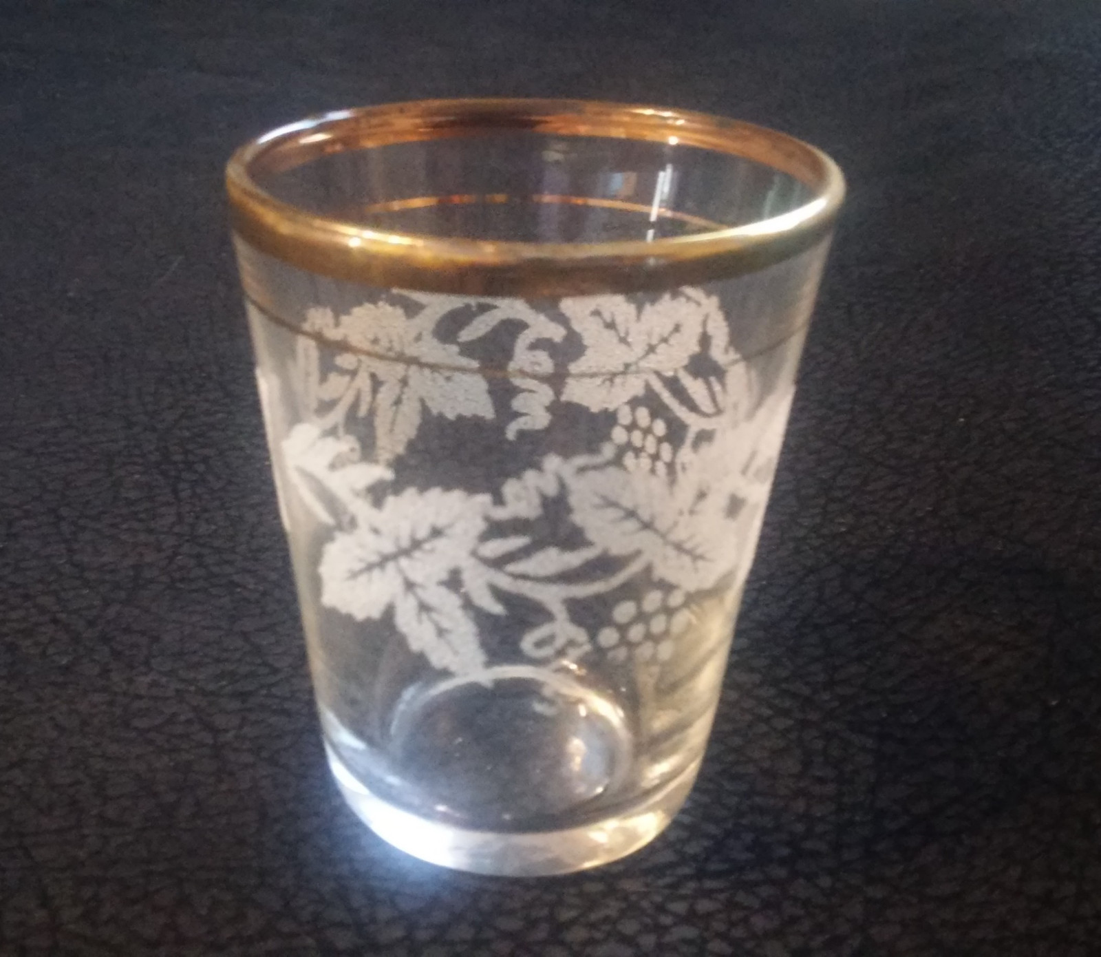Beautiful Etched Leaves Shot Glass with Gold Rim 2 7/16