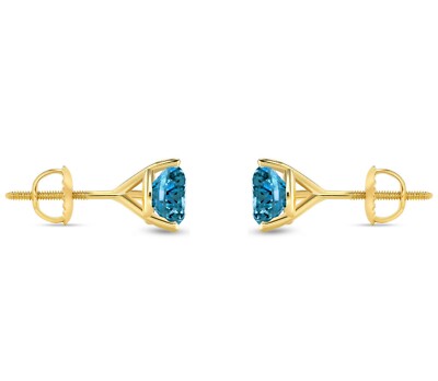 Pre-owned Shine Brite With A Diamond 2 Ct Round Cut Blue Earrings Studs Solid Real 14k Yellow Gold Screw Back Martini
