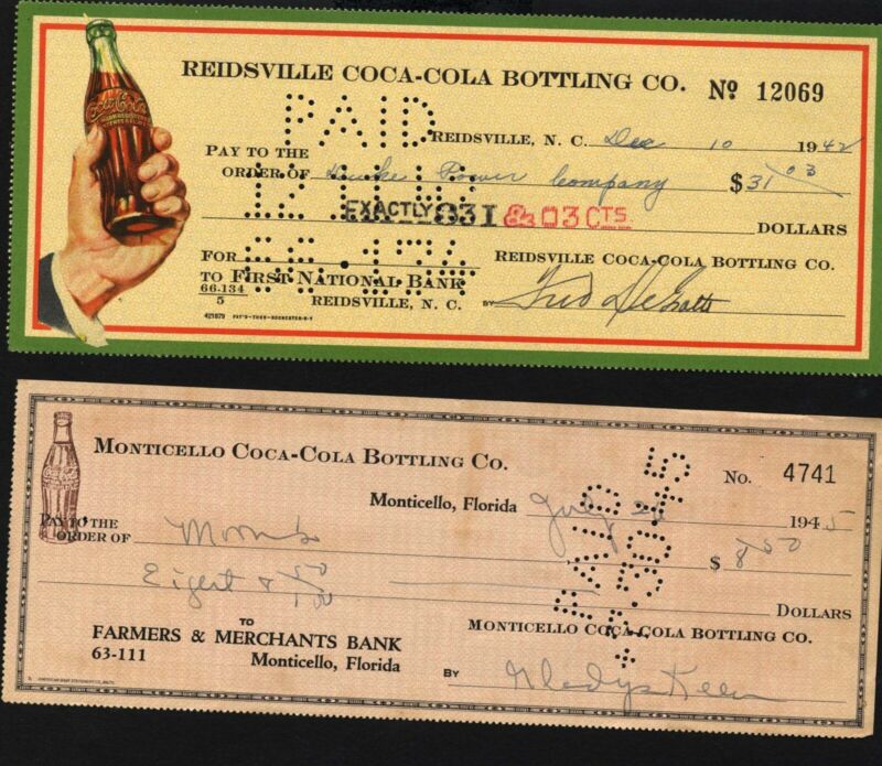 2 CHECKS: REIDSVILLE COCA-COLA, 1942, N.C. + MONTICELLO COCA COLA CO, FL, 1945