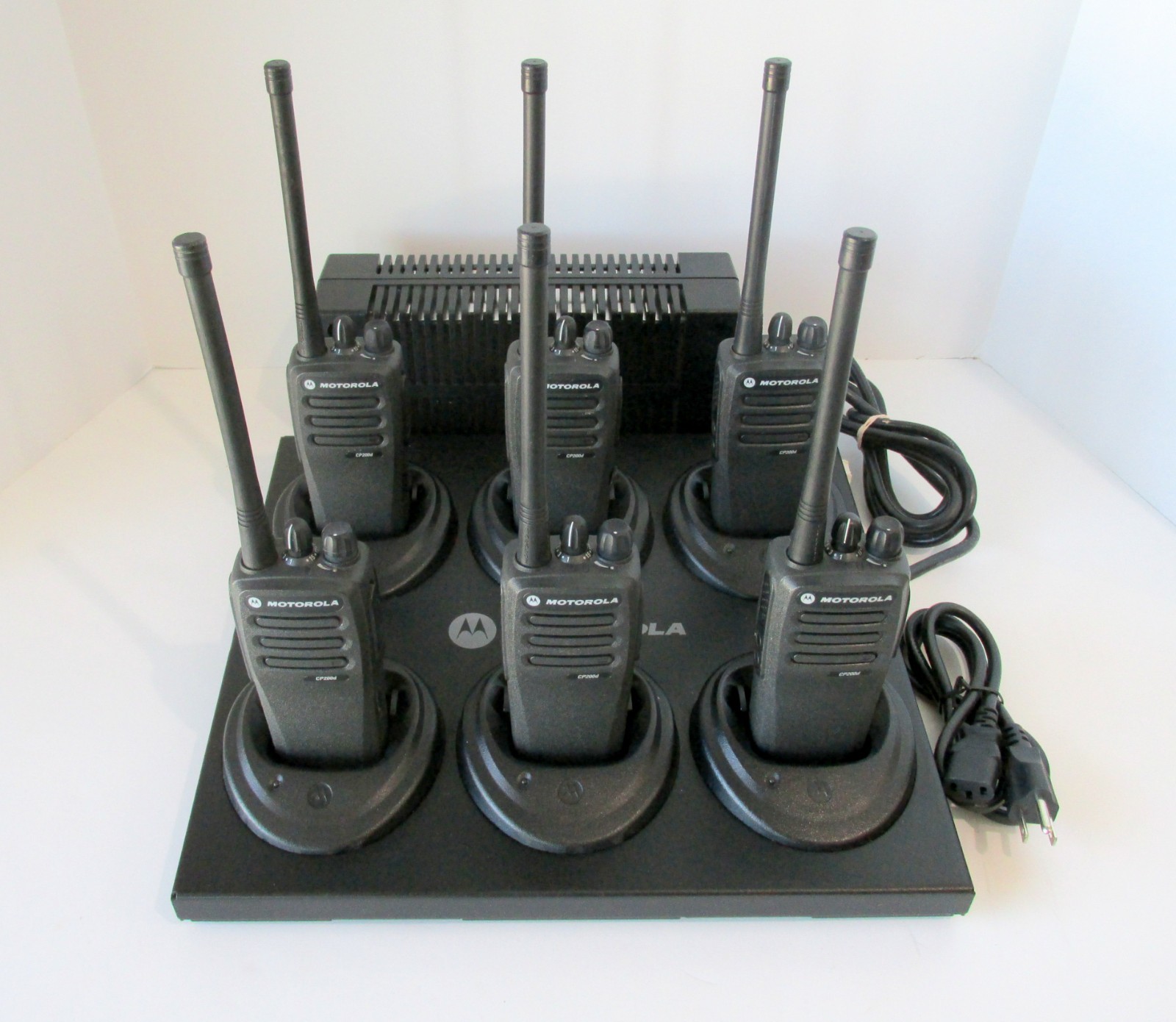 6 Motorola CP200D VHF 16 Ch radios with a gang multi charger - AAH01JDC9JC2AN