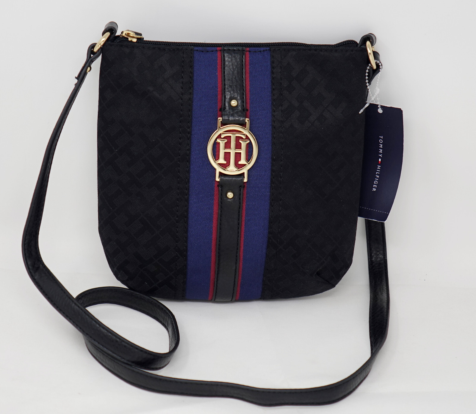 

НОВАЯ женская маленькая сумочка через плечо Tommy Hilfiger черного и синего цвета в полоску с логотипом