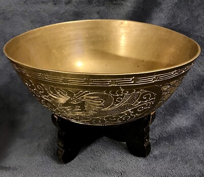 Early 20th-C Chinese Heavy Brass Cache Pot Bowl With Dragons And Phoenix 9.25 D