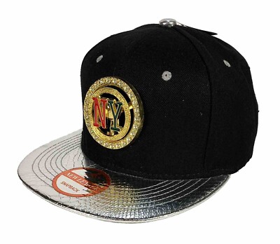 NY Spinning Gold Metal Logo New York 3D Flat Bill Snap Back Ball Cap Adjustable