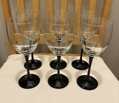 6ct Luminarc France Red Wine Glasses Clear Glass Black Stem 7¾'' H Set