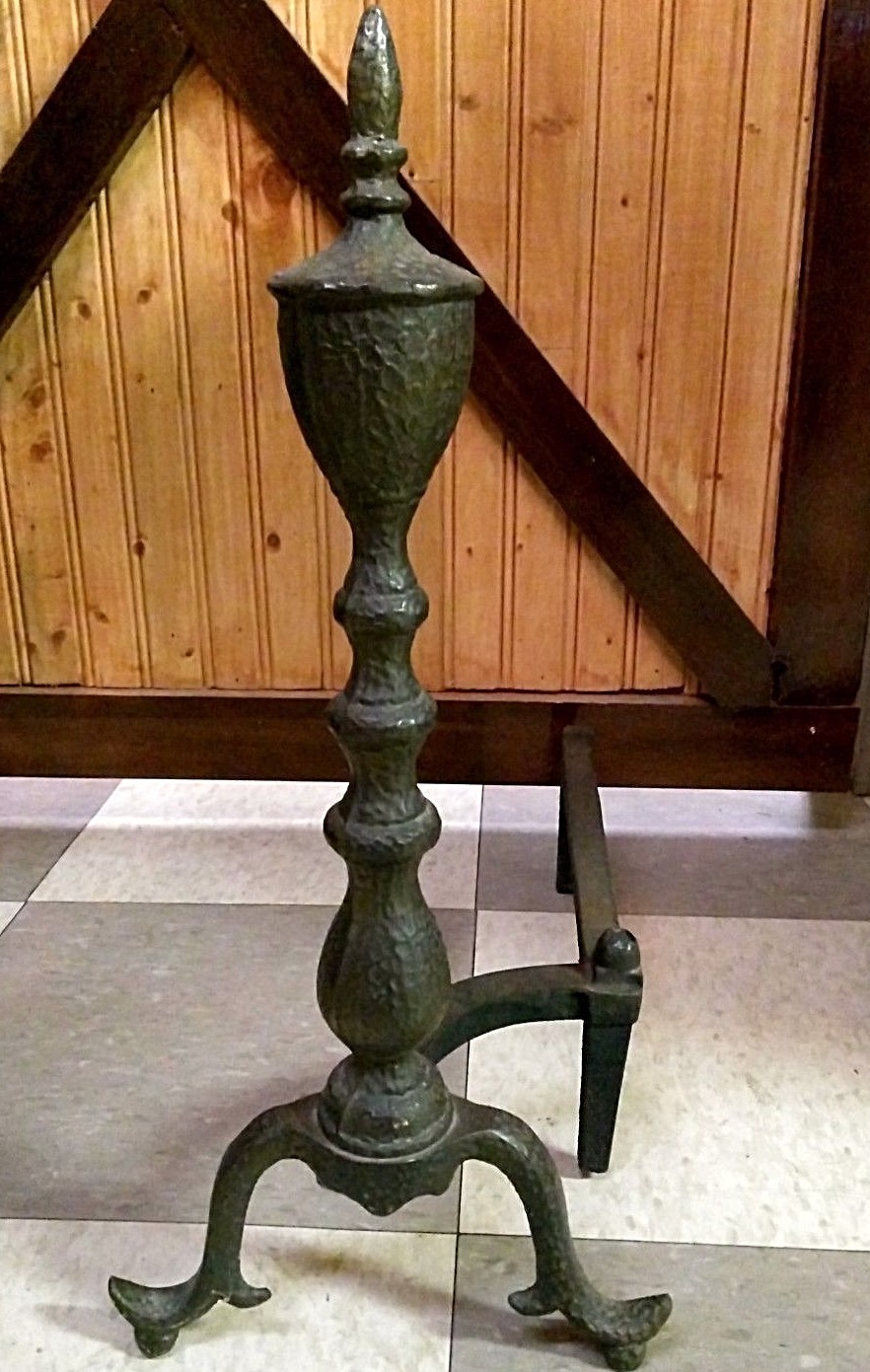 ANTIQUE FIREPLACE ANDIRONS CAST IRON/WASHED BRASS