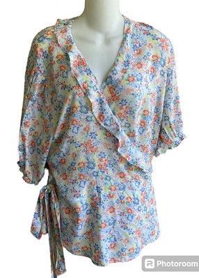 Old Navy Peplum Wrap Blouse Soft Floral Pattern Ruffle Woman XL Short Sleeve New