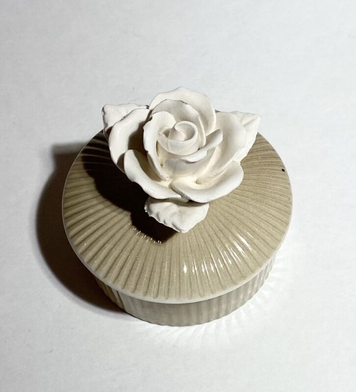 Vintage Fitz And Floyd - Round Trinket Box W/ White Porcelain Rose -2.5” Perfect