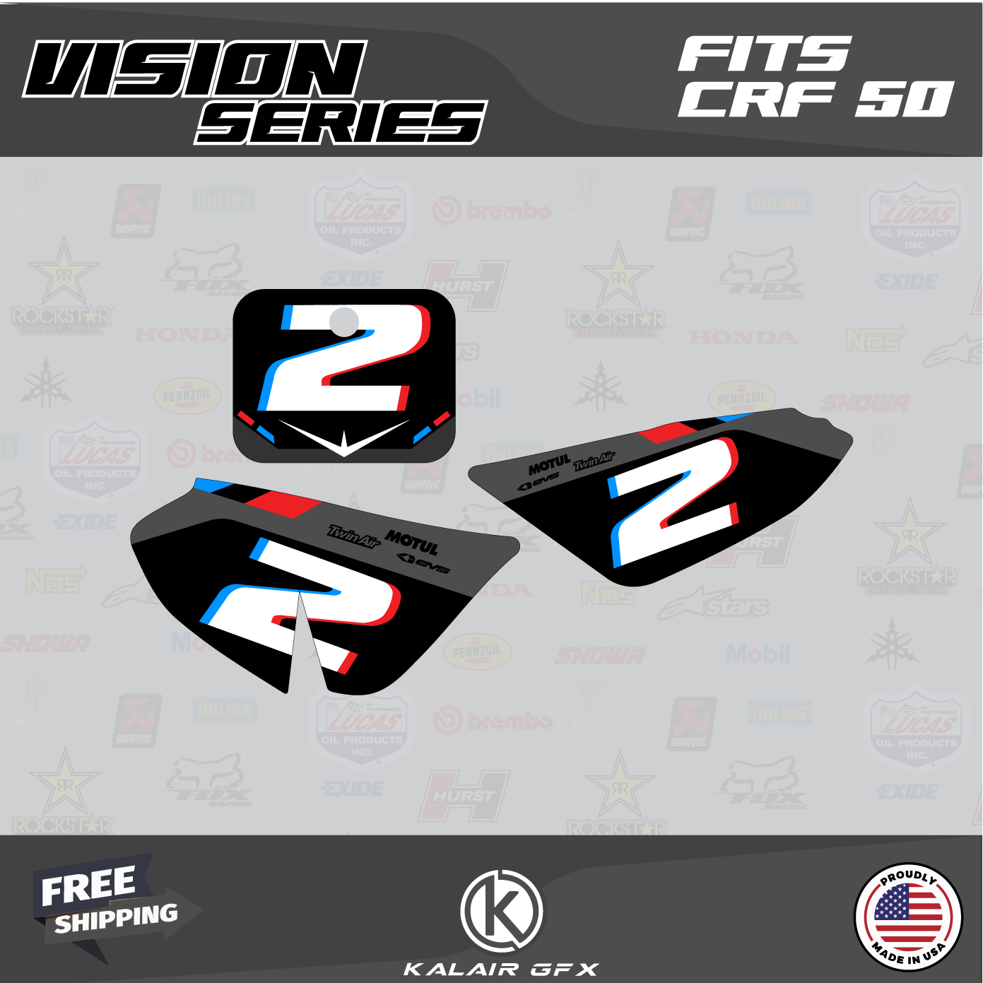 Graphics Kit for Honda CRF50 (2004-2012) or (2013+) Vizion - black