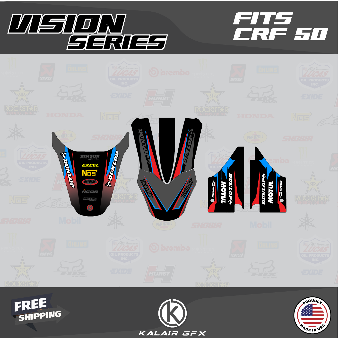 Graphics Kit for Honda CRF50 (2004-2012) or (2013+) Vizion - black
