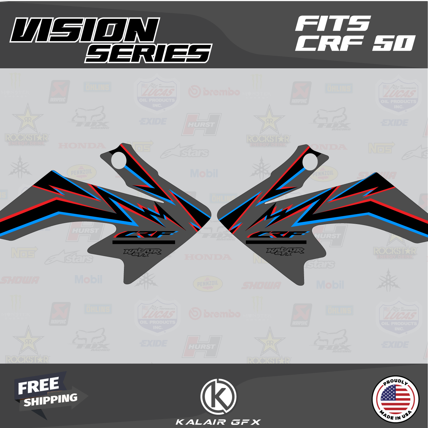 Graphics Kit for Honda CRF50 (2004-2012) or (2013+) Vizion - black