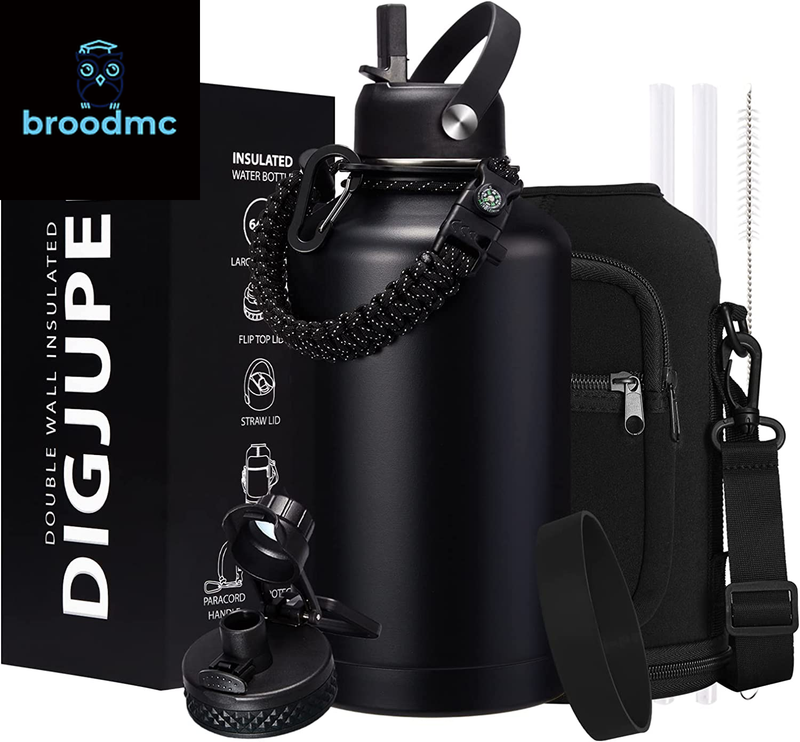 Insulated Water Bottle Jug Half-Gallon Vacuum Style 64OZ Paracord Handle Mouth