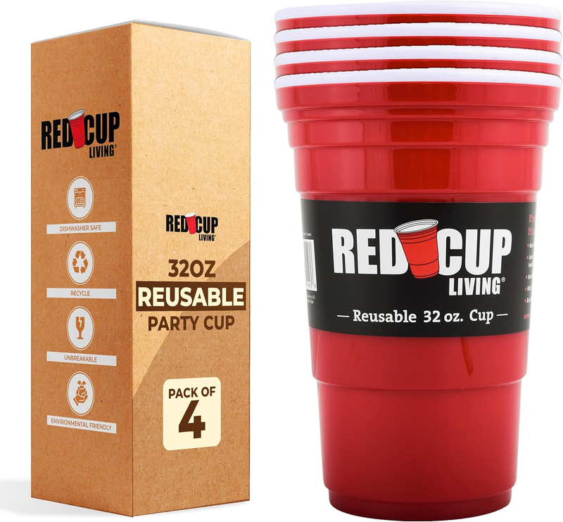 32 Oz Red Cups – Reusable Large Plastic Cups, Ideal for Parties & Travel | Leak-Proof Coffee Tumbler, Christmas Gift Set, Bpa-Free - Set of 4
