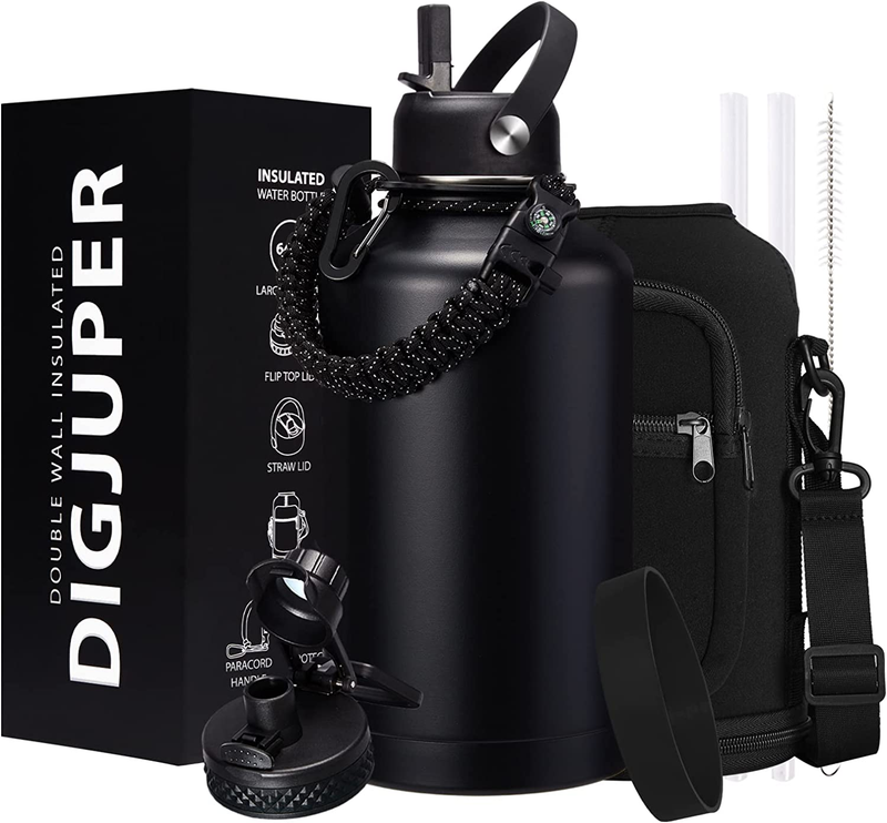 Insulated Water Bottle 64Oz - W/Paracord Handle, Straw & Spout Lids, Carrier Bag