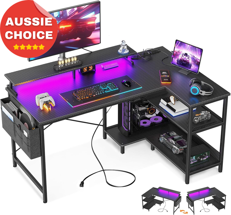 L Shaped Gaming Desk with Power Outlet LED Light 120cm Carbon Fiber Black