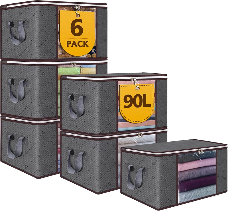 90L Large Storage Bags,6 Pack Foldable Clothes Storage Bins,Closet Organizers Storage Containers Durable Handle Thick Fabric for Bedding,Clothing, Blanket, Pillows and Toys,Grey