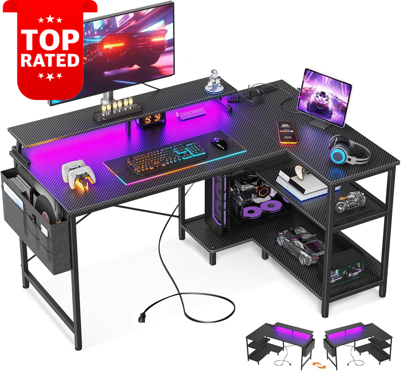 Gaming Desk L Shaped 120X80cm with Power Outlet 10 Color LED Light Strip Storage
