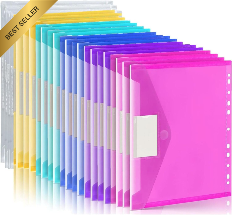 24 Pcs File Folder Envelopes with Label Pocket,6 Colours Binder Pocket with 11 H
