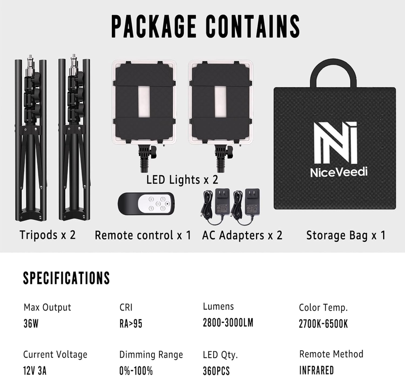 2-Pack Photography Lighting Kit, 36W Bi-Color Studio Lights 2700-6500K CRI 95+,