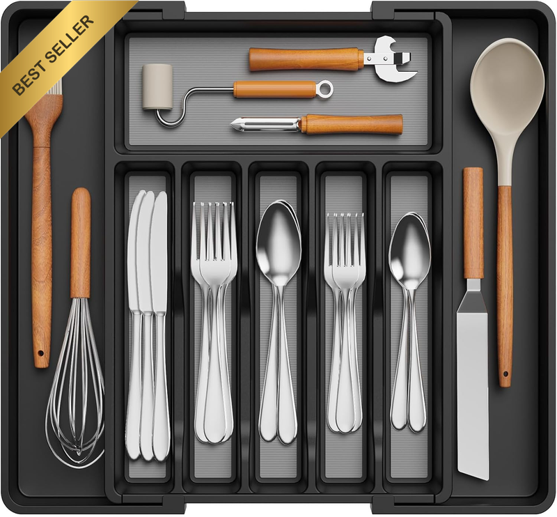 Silverware Drawer Organizer, Expandable Utensil Tray with Non-Slip TPR, Deep Fla