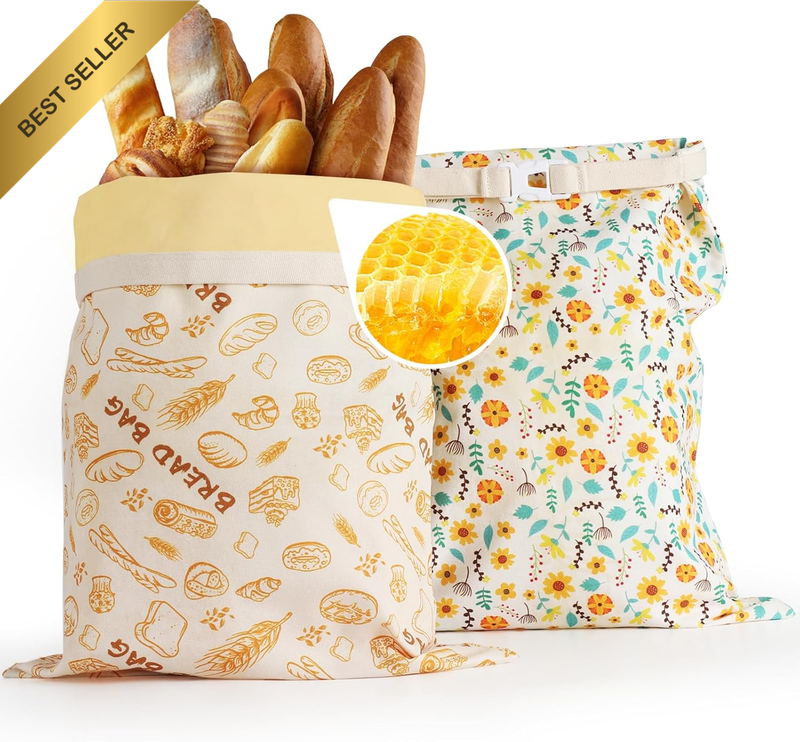 2-Pack Pure Cotton Reusable Beeswax Bread Bags - Large 17X13 Inch for Sourdough