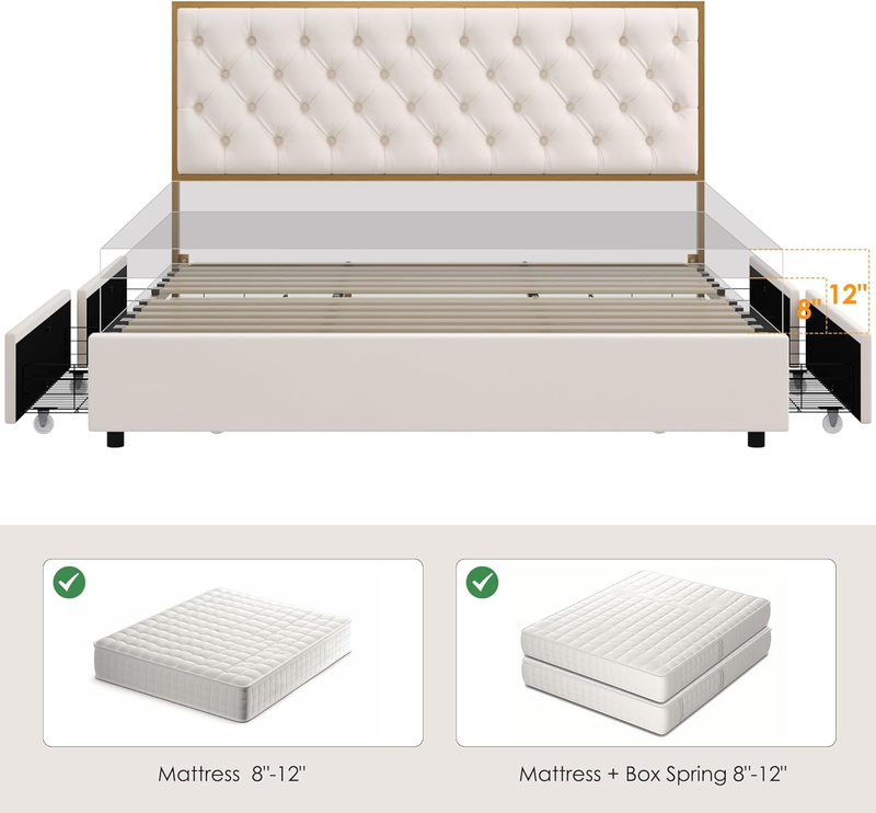 HIFIT King Upholstered Bed Frame with 4 Storage Drawers and Handmade Button Tuft