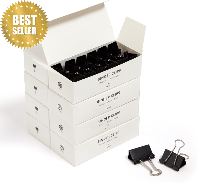 Binder Clips, Medium 1-1/4-Inch Width, 1/2-Inch Paper Holding Capacity, Black an