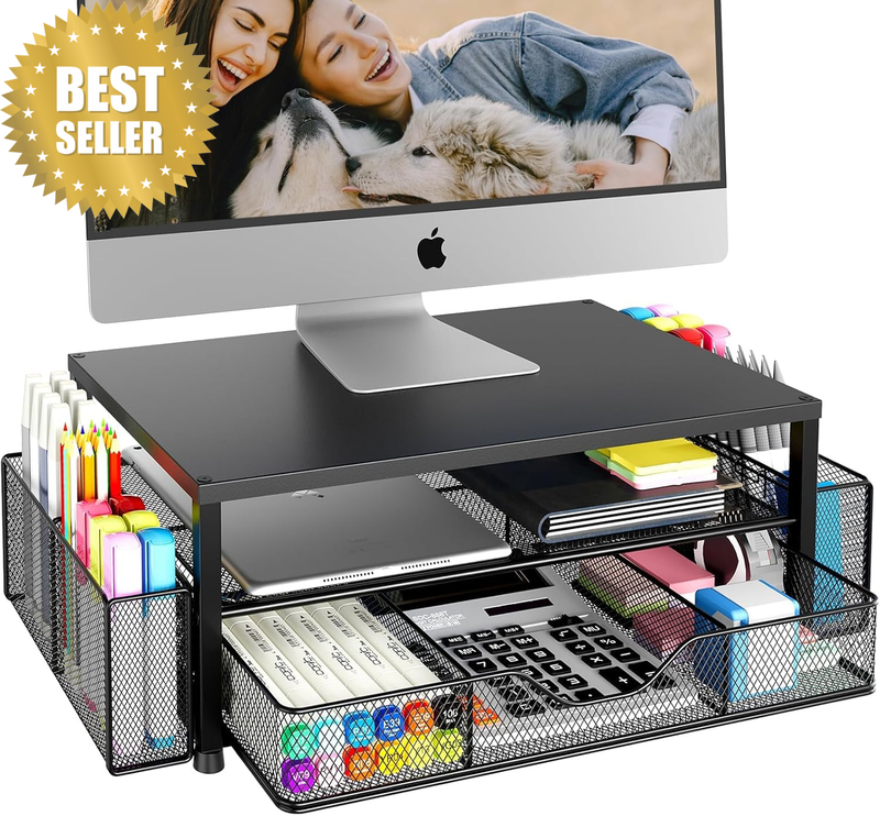 Desk Organizer and Accessories, 2-Tier Computer Monitor Stand Riser with Drawer