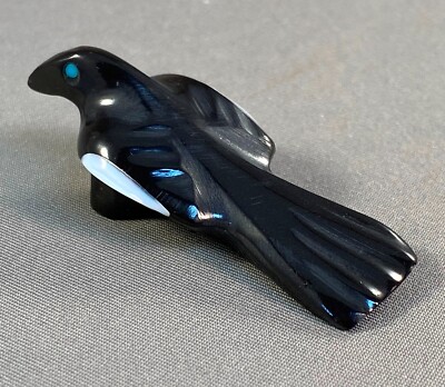 Zuni Carved Black Marble & Shell Front Facing Magpie Fetish by Calvert Bowannie