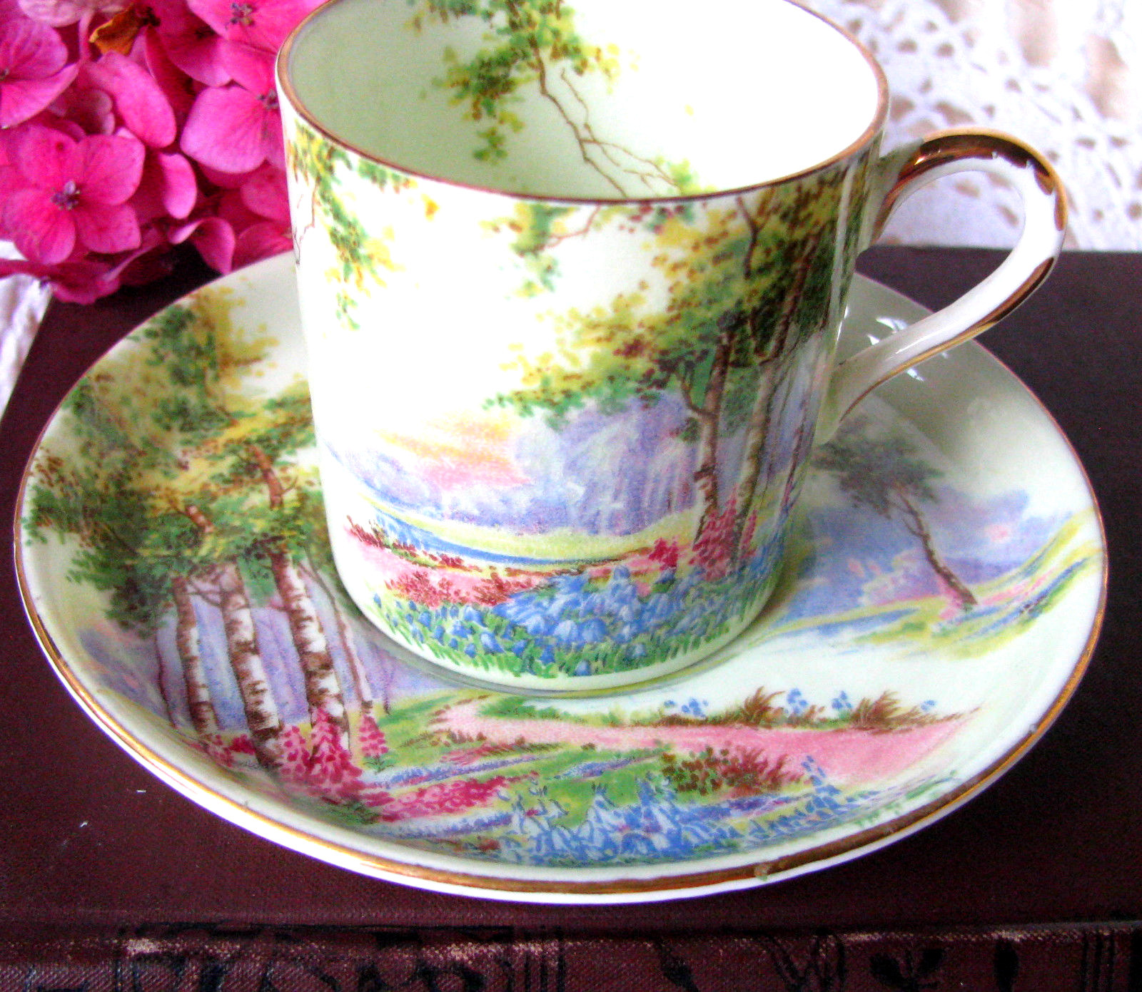 Aynsley Bluebell Time Demitasse Cup and Saucer c.1930s Birch Trees Garden Scene