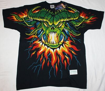 Dragon Head Flames Two-Sided Body Print T-Shirt Liquid Blue 2003 NEW UNWORN