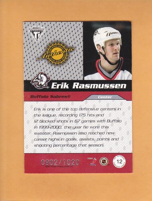 ERIK RASMUSSEN 2000 01 TITANIUM DRAFT DAY SP 1020 JERSEY # 12 BUFFALO SABRES