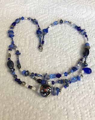 Hand Crafted 19'' Blue Beaded Necklace Jewelry YD-10