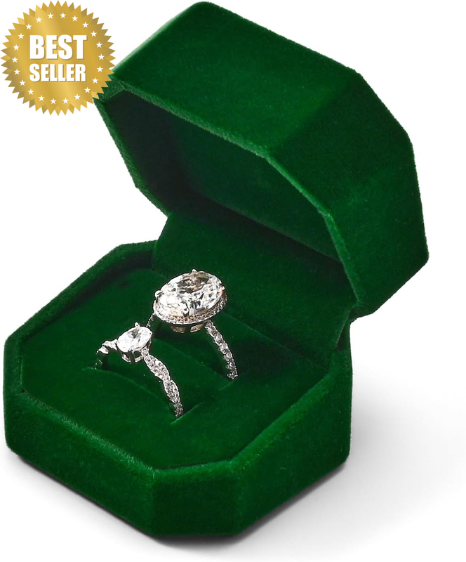 Double Velvet Ring Box for Weddings Dual Ring Case Dark Green Storage Box for En