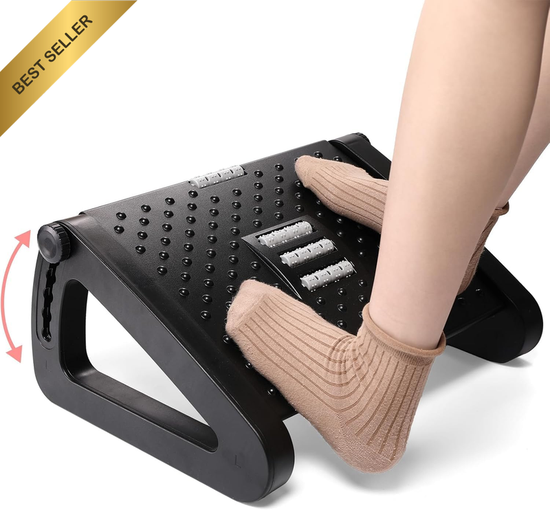 Foot Rest under Desk Ergonomic - 6 Height Adjustable, Manual Massage Rollers, Pr
