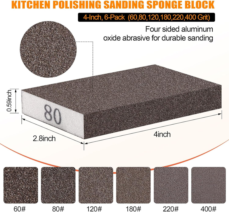 6 Pack Sanding Sponge,Sanding Block of 60/80/120/180/220/400 Grit Flexible Conto